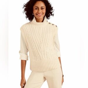 Oatmeal Cable Knit Fisherman Vest Crew Neck Gold Crest Buttons Heritage Preppy